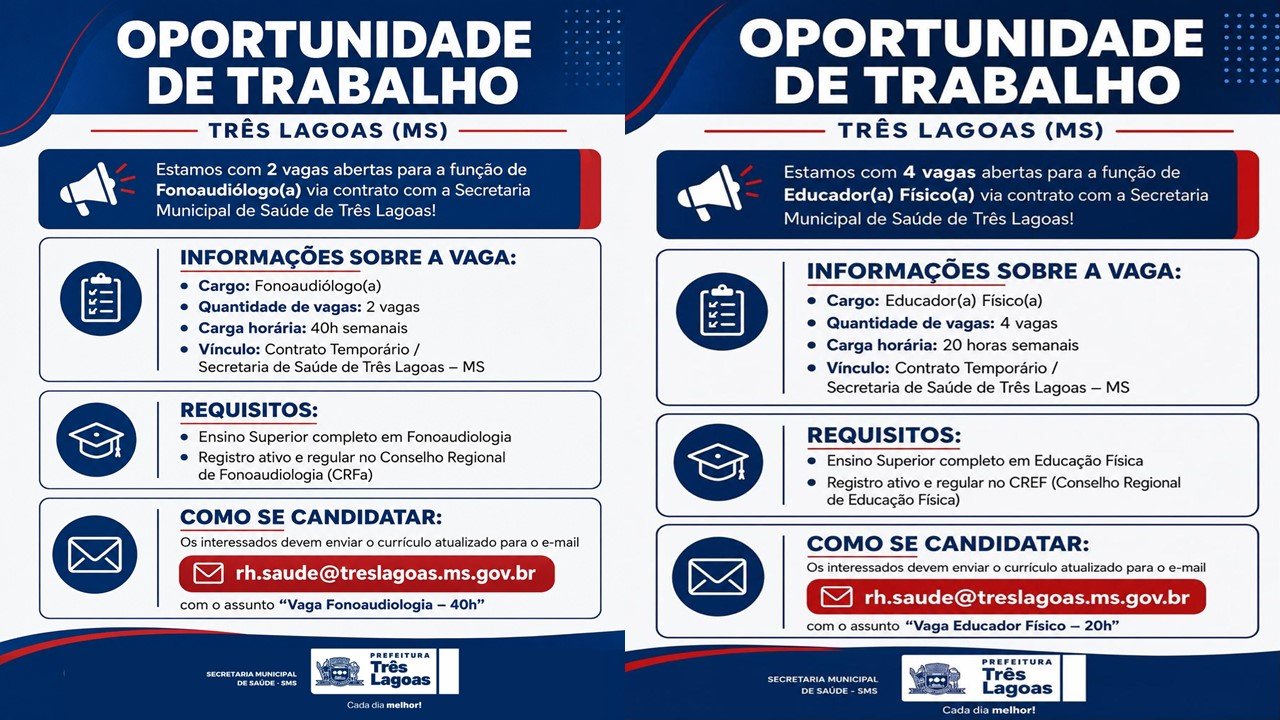 Prefeitura de Três Lagoas anuncia vagas temporárias