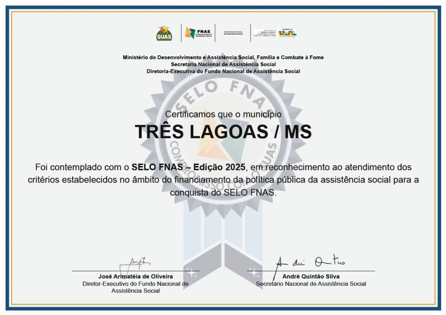 Três Lagoas recebe selo de excelência por atuação na assistência social