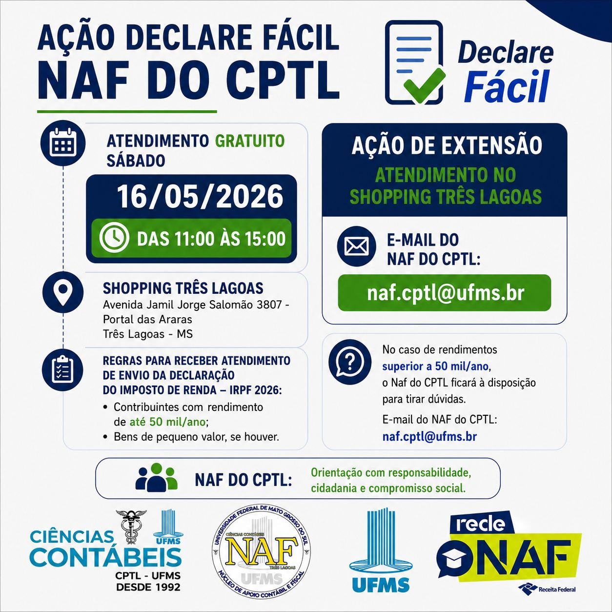 UFMS oferece plantão gratuito sobre Imposto de Renda no Shopping Três Lagoas